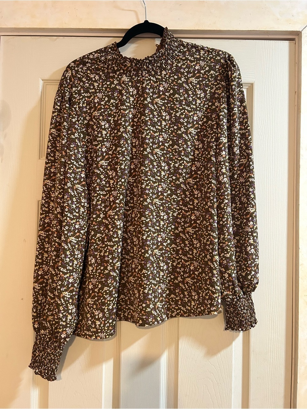 SHEIN Brown Floral Smocked-Neck Long Sleeve Blouse